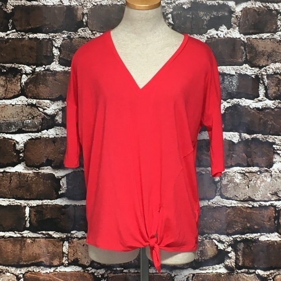 Express Top Tie Front T-Shirt Coral Red Small Petite - Picture 1 of 11